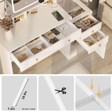 Vanity Desk with Mirror, Lights and Charging Station, 3-Drawer Glass Top Vanity Table with Jewelry Cabinet, 42.8 inch Halitaa