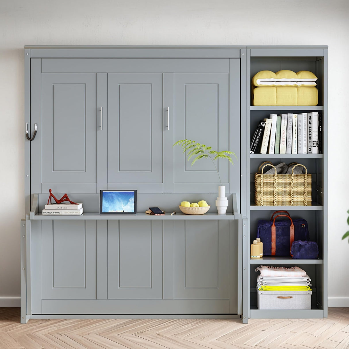 MaiDeHaoo Full Size Murphy Bed with Desk and Storage, Wood Bookcase Wall Bed with Desk for Adults, Murphy Cabinet Storage Wall Bed Full for Small Spaces Office Guest Room, Gray MaiDeHaoo