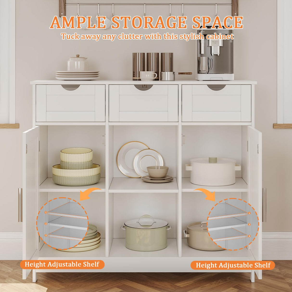 Viaozutis Storage Cabinet, Coffee Bar Cabinet with 2 Adjustable Shelves, 3 Drawers, and 2 Doors, for Bathroom, Kitchen, Living Room (White) Viaozutis