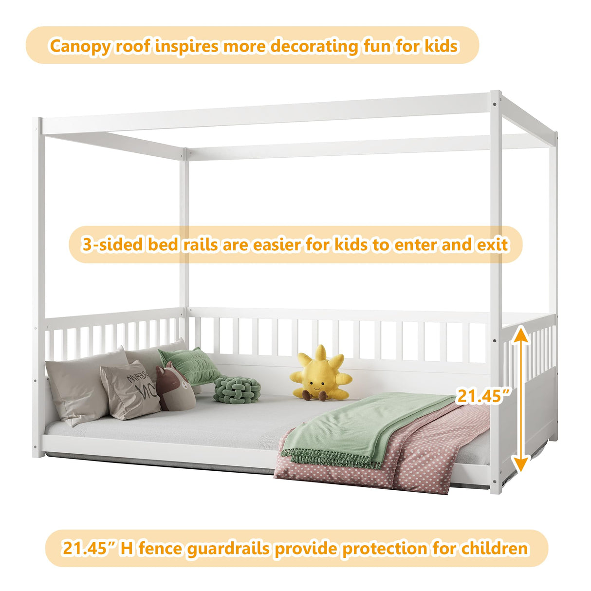 Full Size Canopy Bed Frame with 4 Posters and Guardrails, Full Size Montessori Floor Bed with High Fence, White Montessori Bed Bellemave