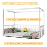 Full Size Canopy Bed Frame with 4 Posters and Guardrails, Full Size Montessori Floor Bed with High Fence, White Montessori Bed Bellemave