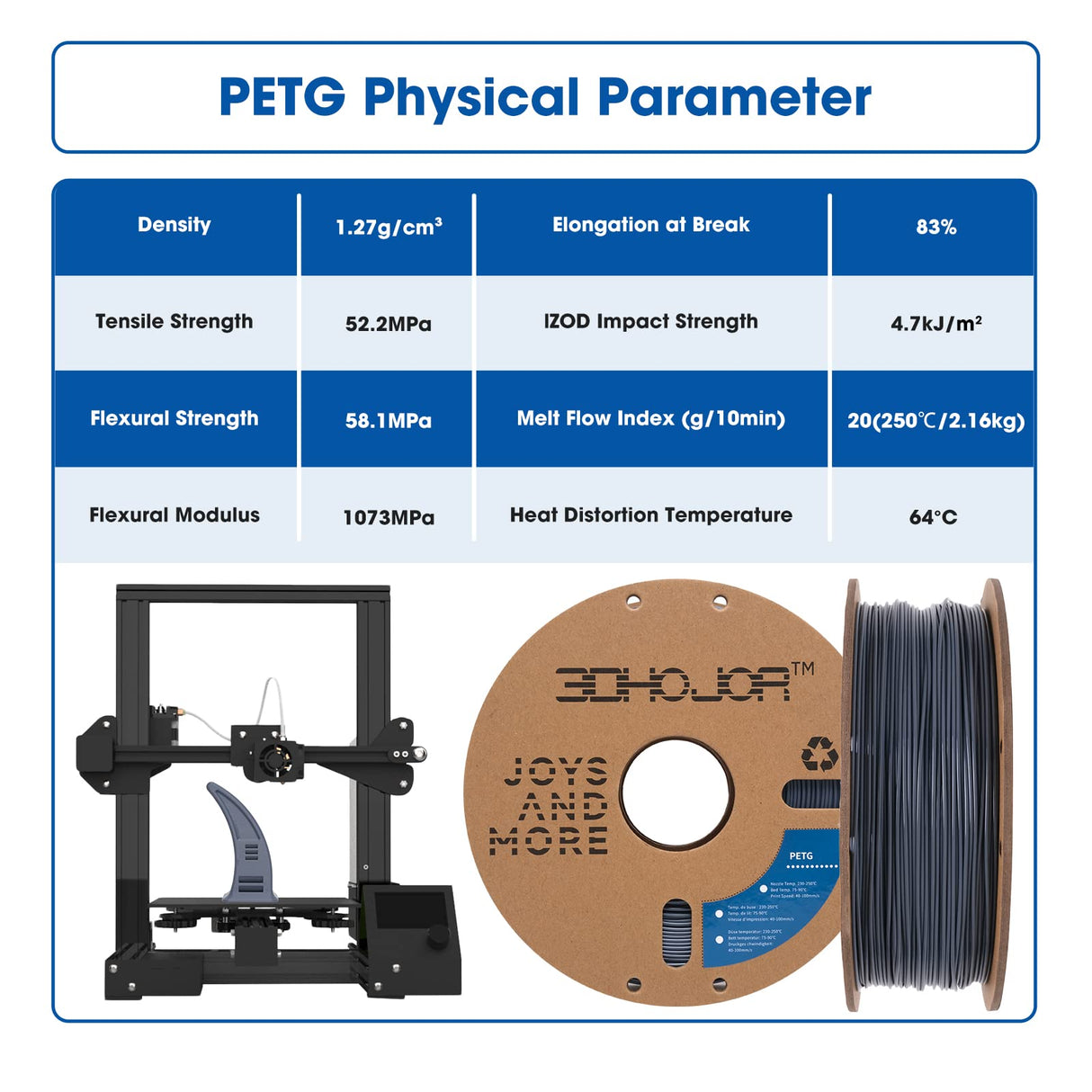 3DHoJor PETG Filament 1.75mm Grey, 3D Printing Filament 1kg Spool(2.2lbs), 3D Filament 1.75mm Dimensional Accuracy +/- 0.03mm Non Tangling Non Clogging Non Stringing,Print with Most 3D Printers 3DHoJor