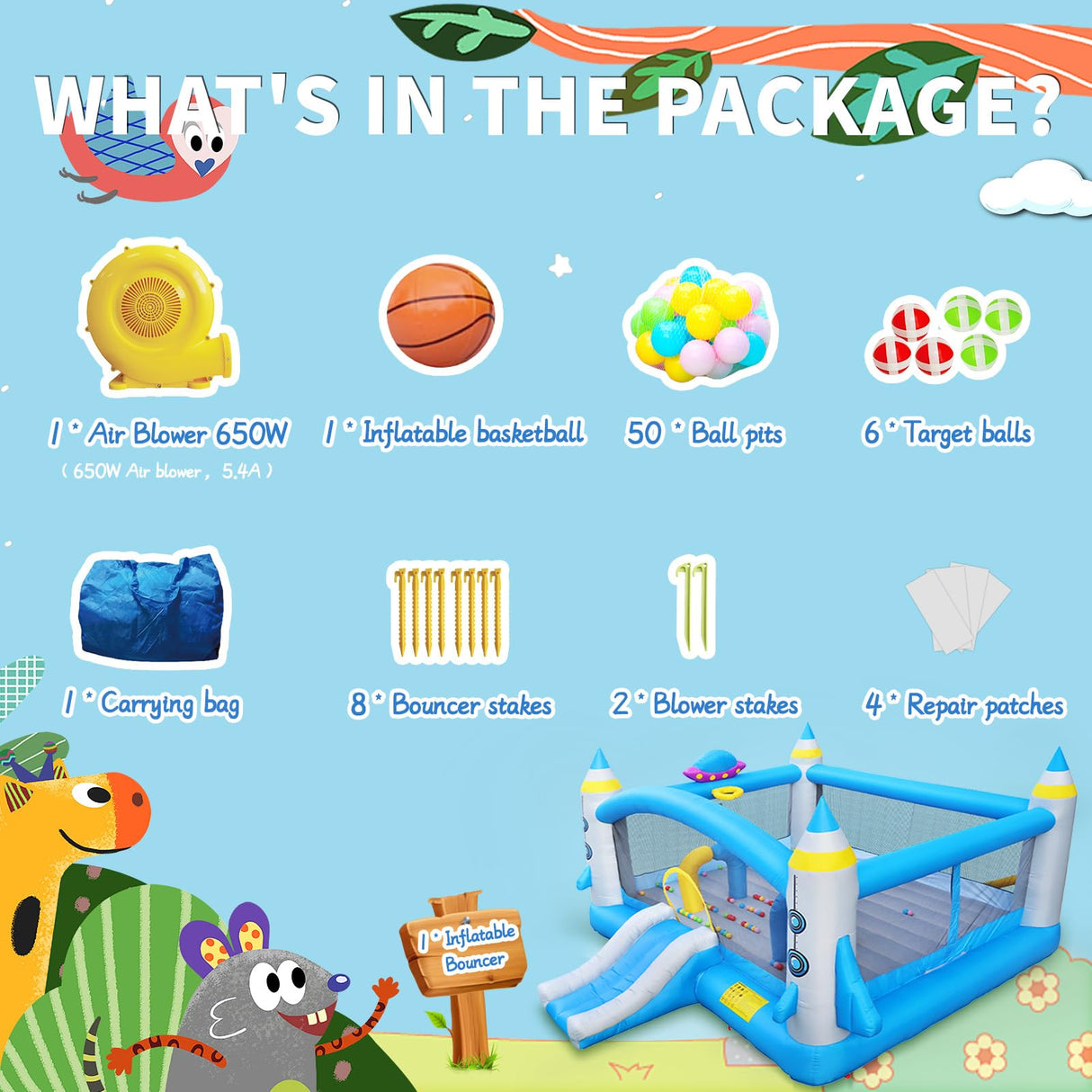 Large Bounce House for Big Kids, 16.5ft x 15ft Inflatable Bouncy Houses with Slide, Bouncy Area, Obstacle Arch, Basketball Hoop & Dart Game, Blue Bouncer Jump House Holds 6 Kids Aged 3-10, 650W Blower Ytonisld