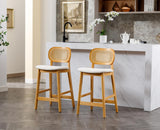 Shunzhi Rattan Counter Height Bar Stools Set of 4 Wood Farmhouse Barstools with Cane Back Boho Sherpa Kitchen Island Chairs Upholstered Bar Chairs for Pub/Home Bar, 26Inch, Cream Shunzhi