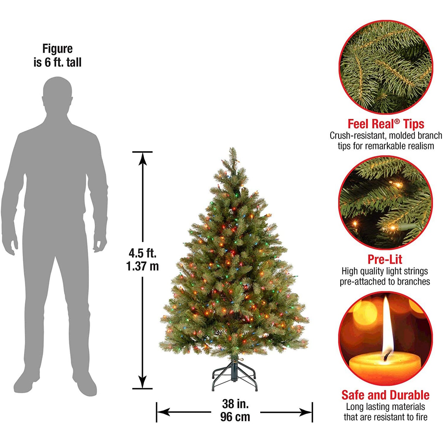 National Tree Company Pre-Lit 'Feel Real' Artificial Full Downswept Christmas Tree, Green, Douglas Fir, Multicolor Lights, Includes Stand, 4.5 feet