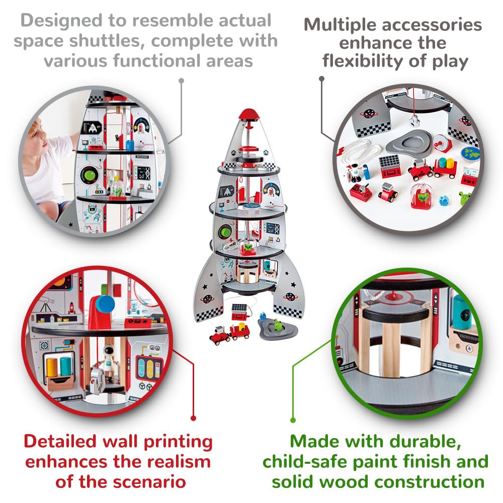Hape Four Stage Toddler Rocket Ship Playset | A Wooden Spaceship Toy with Real Life Space Shuttle Designs Hape