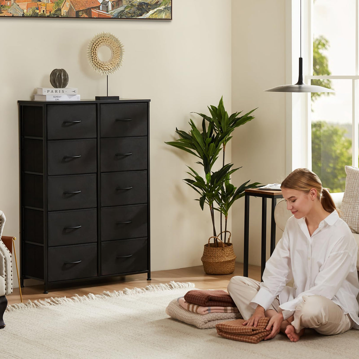 Sweetcrispy Dresser, Tall Dresser for Bedroom, Drawer Dresser Organizer Storage Drawers with 10 Drawers, Chest of Drawers with Fabric Bin, Steel Frame, Wood Top for Bedroom, Closet, Entryway Sweetcrispy