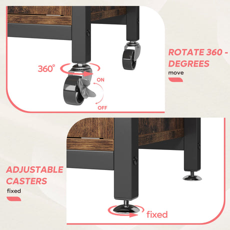Bestier Bakers Racks with Storage Cabinet, Height-Adjustable 45" to 55" Microwave Stand for Kitchen with Wheels & Feet, Industrial Rolling Coffee Bar Shelf with 10 S-Hooks Rustic Brown Bestier