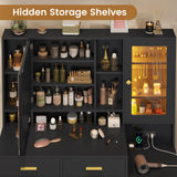 BTHFST Makeup Vanity with Upholstered Stool & Charging Station, Vanity Desk with Mirror and Lights & Jewelry Storage, Vanity Table Set with RGB Lights & 5 Drawers & Shelves, Black & Gold BTHFST