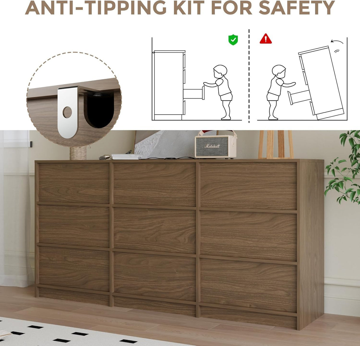 Jiaoun 63" W 9 Drawer Dressers for Bedroom, Modern Large Wood Dresser Chest of Drawers, Wide Dresser Organizer for Living Room, Hallway,Brown