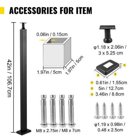 VEVOR Cable Rail Post, 42 x 1.97 x 1.97, Level Deck Stair Post, Cable Handrail Post Stainless Steel Brushed Finishing Deck Railing DIY Picket Without Hole Stair Railing Kit with Mount Bracket Black VEVOR