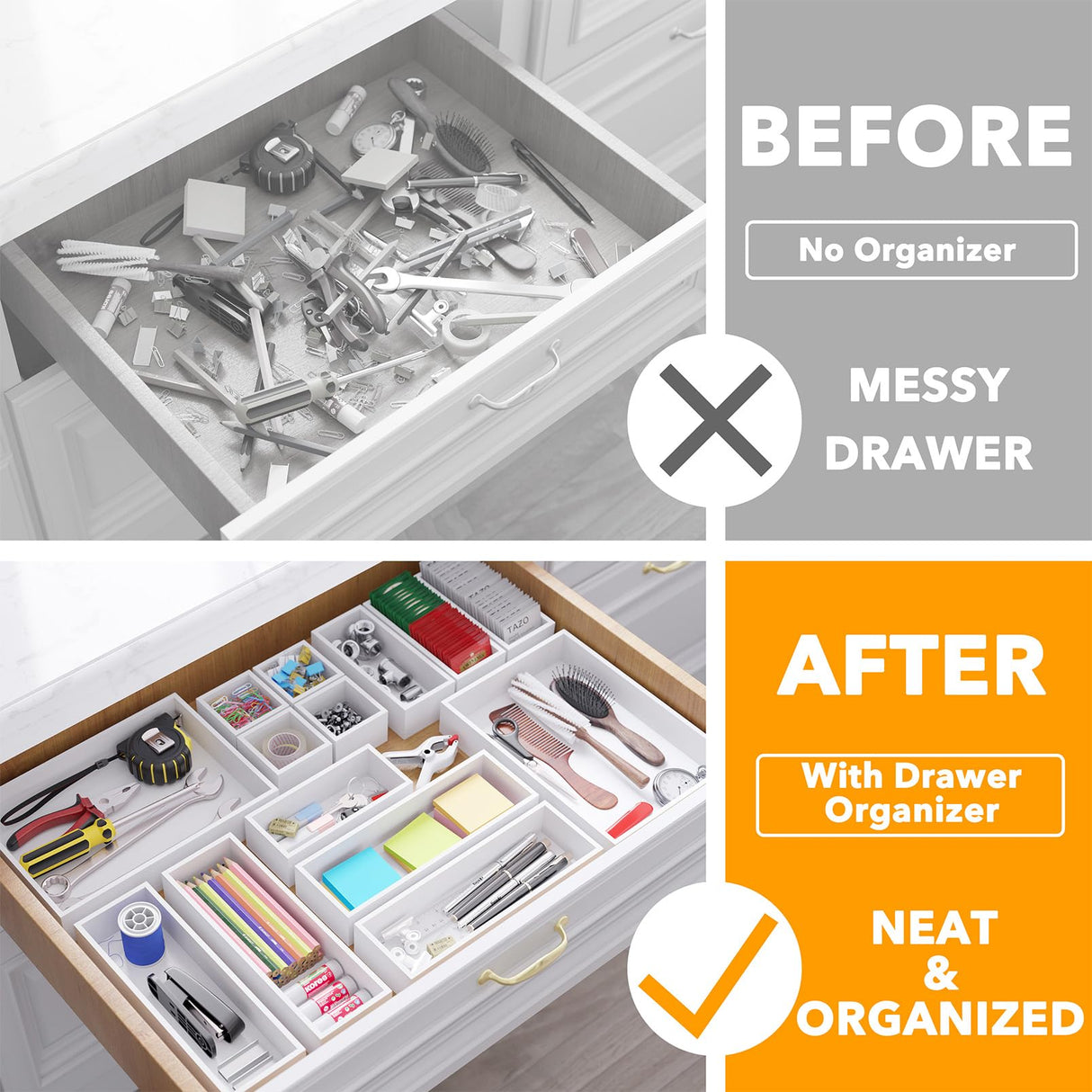 SpaceAid 14-Piece Bamboo Drawer Organizer Storage Boxes Set, Wood Tray Junk Drawer Organizers Multi-Use Divider Bins for Kitchen, Bathroom, Office Desk and Makeup Organization (14 Pack, White) SpaceAid