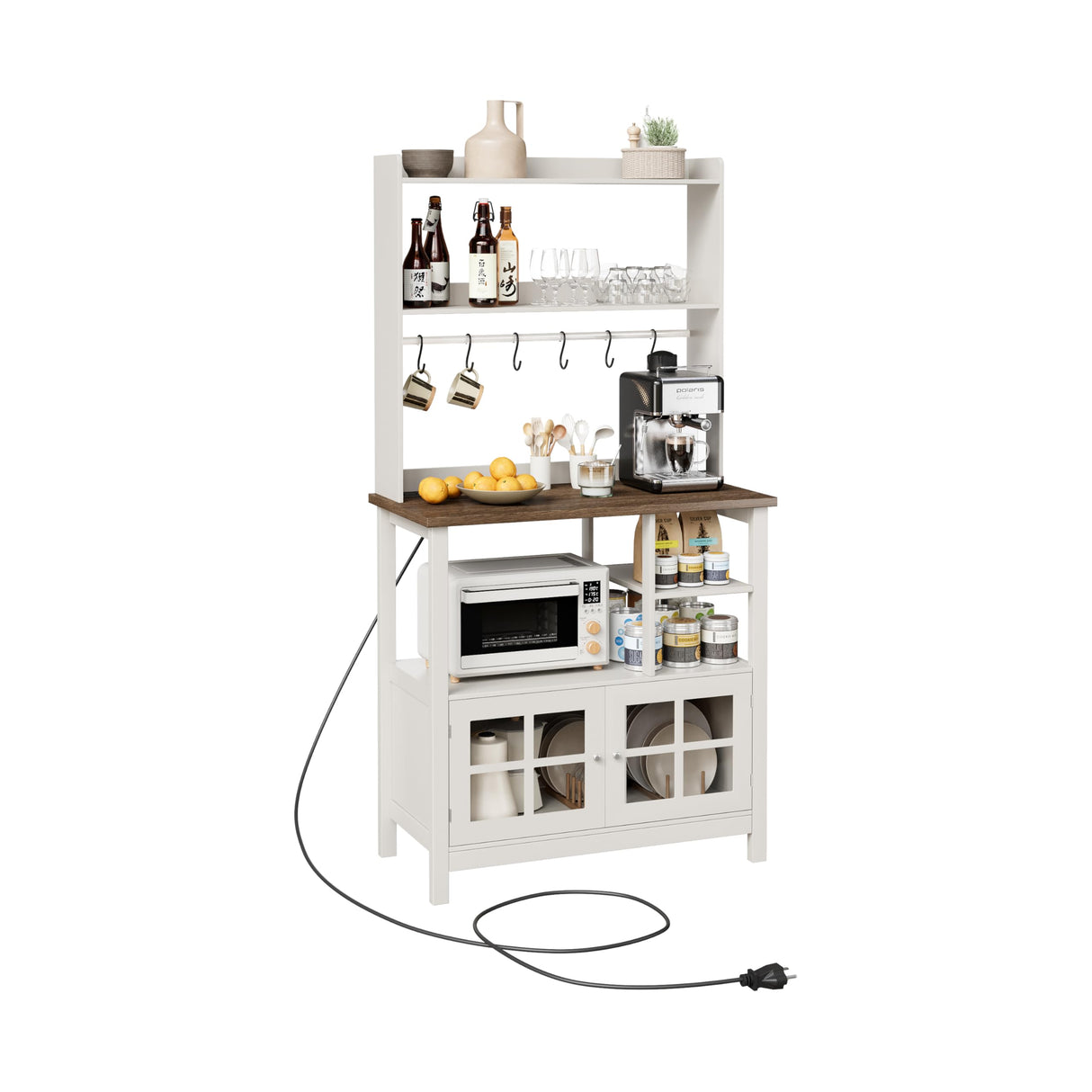 ChooChoo Farmhouse Bakers Rack with Power Outlets and Storage, Coffee Bar Cabinet with Storage, Microwave Stand Kitchen Cabinet with Hutch and 6 Hooks, Soft White & Brown ChooChoo