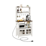 ChooChoo Farmhouse Bakers Rack with Power Outlets and Storage, Coffee Bar Cabinet with Storage, Microwave Stand Kitchen Cabinet with Hutch and 6 Hooks, Soft White & Brown ChooChoo
