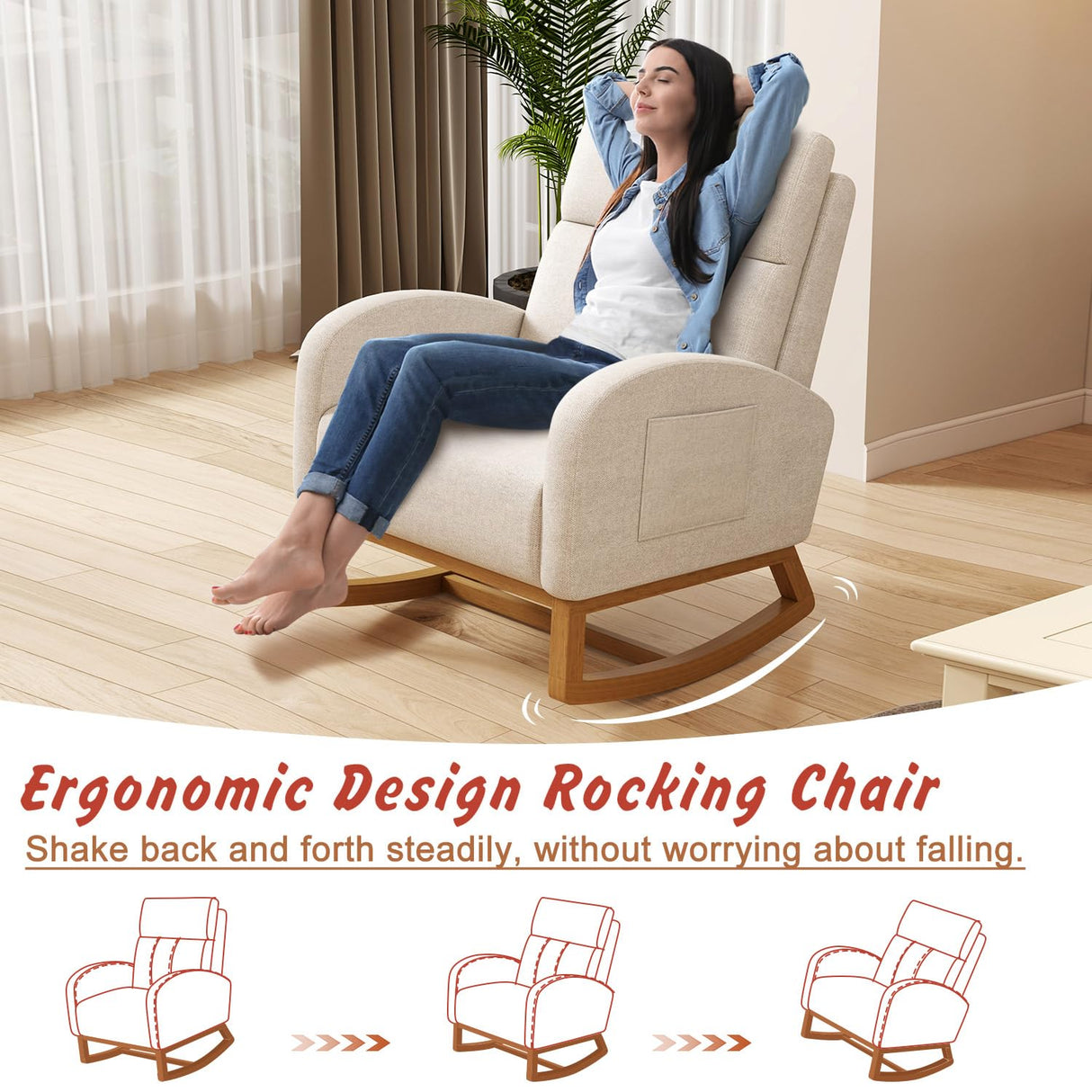 Gaussen Glider Rocking Chair Nursery Comfy Accent Chair with High Backrest Upholstered Living Room Chairs with Side Pocket Armchair Reading Chair for Bedroom Nursery Office, Cream Gaussen