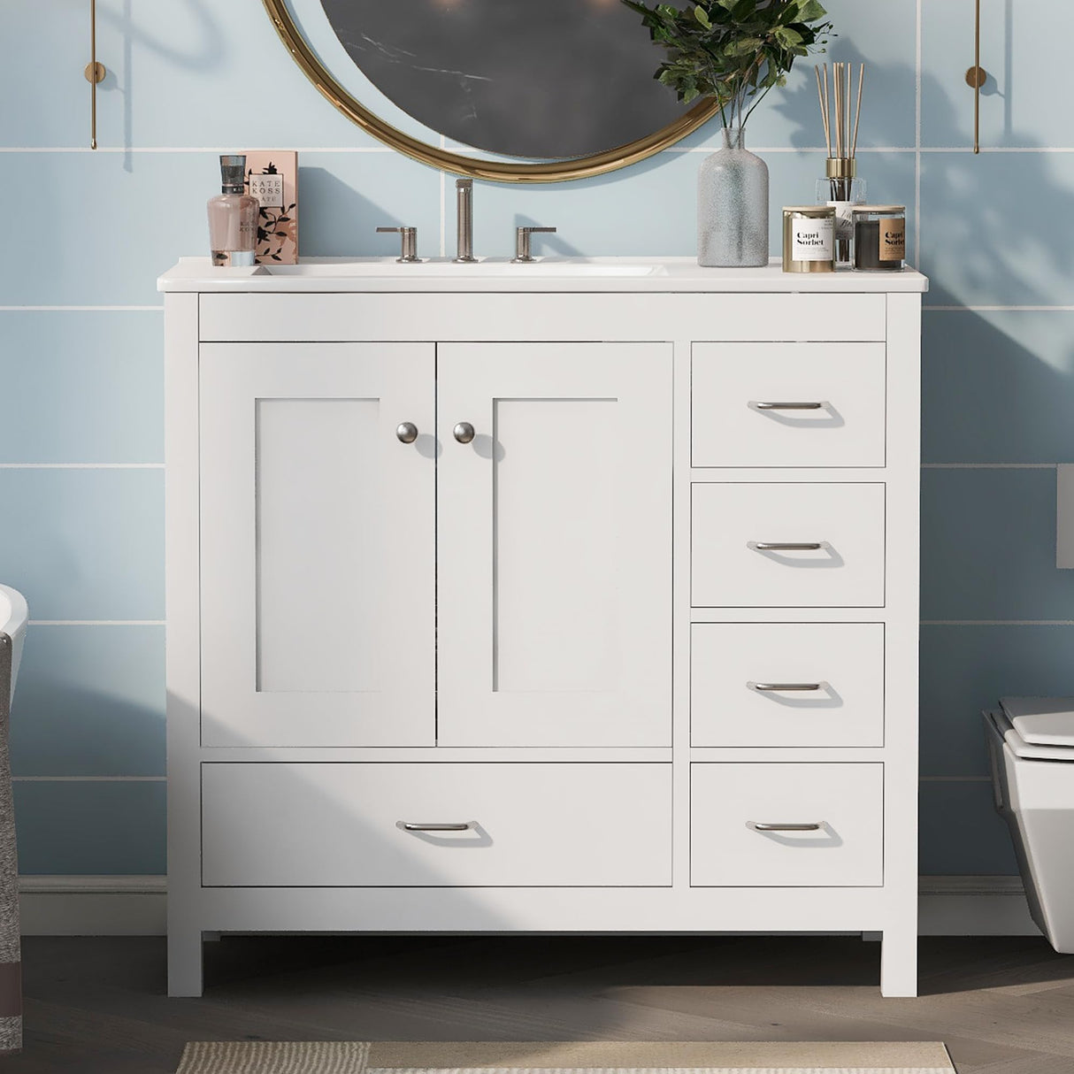 Harper & Bright Designs 36" Bathroom Vanity with Sink, Free Standing Single Basin Vanity Set with Two Doors and 5 Drawers, Solid Wood Bathroom Cabinet with Ceramic Basin for Bathroom, White Harper & Bright Designs