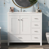 Harper & Bright Designs 36" Bathroom Vanity with Sink, Free Standing Single Basin Vanity Set with Two Doors and 5 Drawers, Solid Wood Bathroom Cabinet with Ceramic Basin for Bathroom, White Harper & Bright Designs
