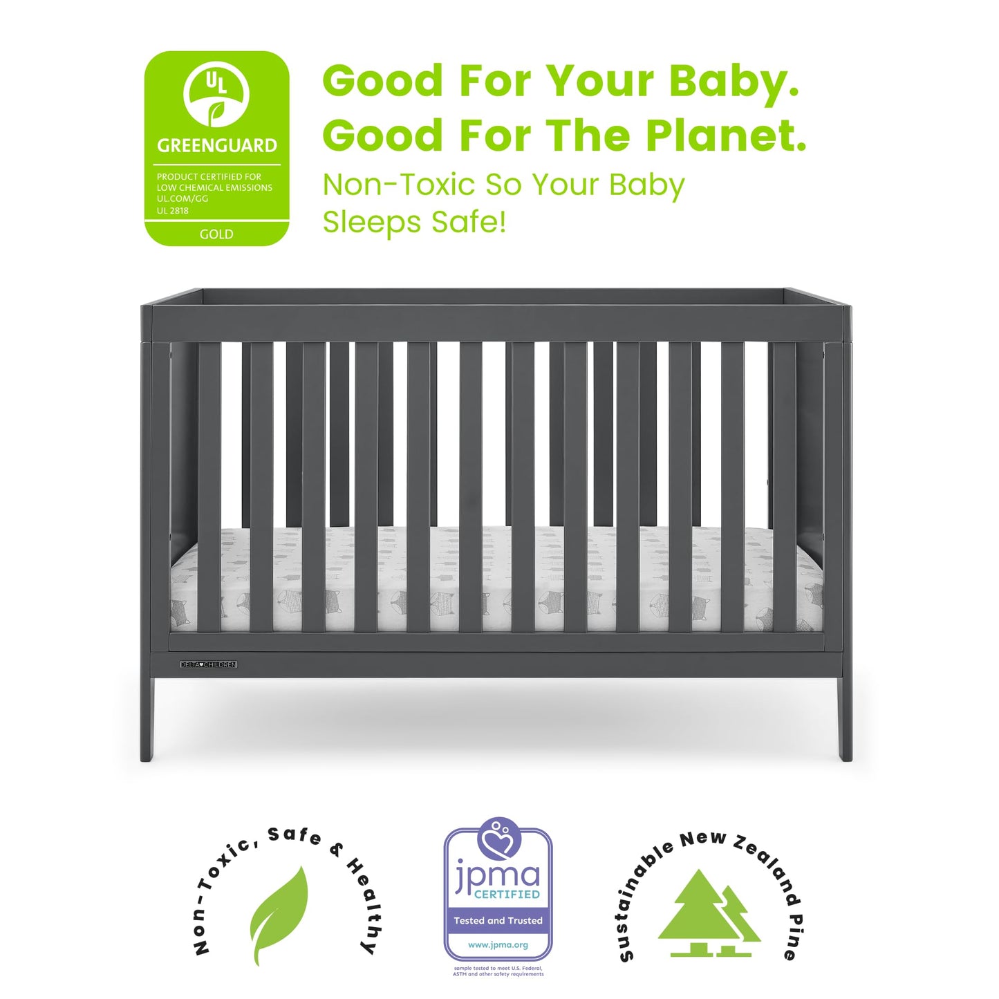 Delta Children Hayes 4-in-1 Convertible Crib - Greenguard Gold Certified, Charcoal Grey