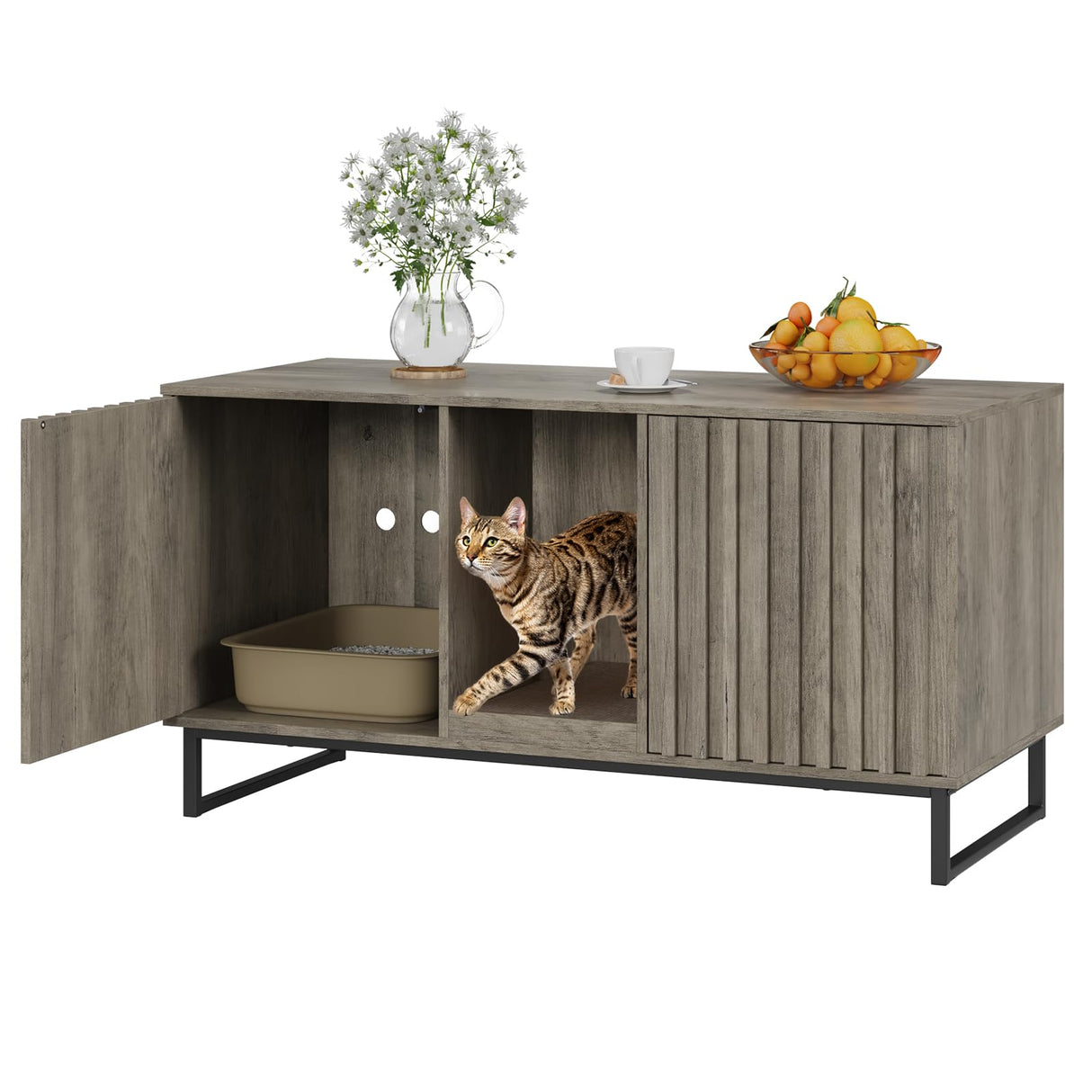 Cat Litter Box Enclosure for 2 Cats, 47.6’’ Litter Box Furniture Hidden with Scratch Pad, Double Room Large Cat Cabinet, Indoor Pet House TV Stand Side Table,Washroom,Grey Halitaa