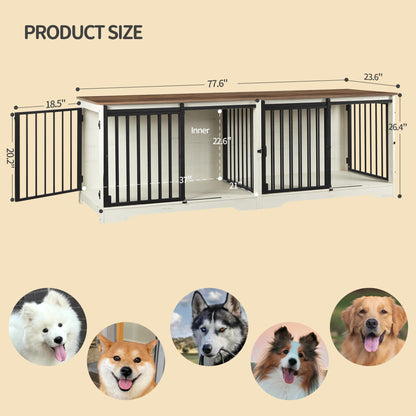 Hzuaneri 78" Dog Crate Furniture with Divider, Dog Crate Barn Door, Dog Kennel Indoor, Wood Dog Crate for 2 Dogs Small/Medium/Large Dog, End Side Table, Anti-Chew Anti-Escape, White Brown DFC - WoodArtSupply