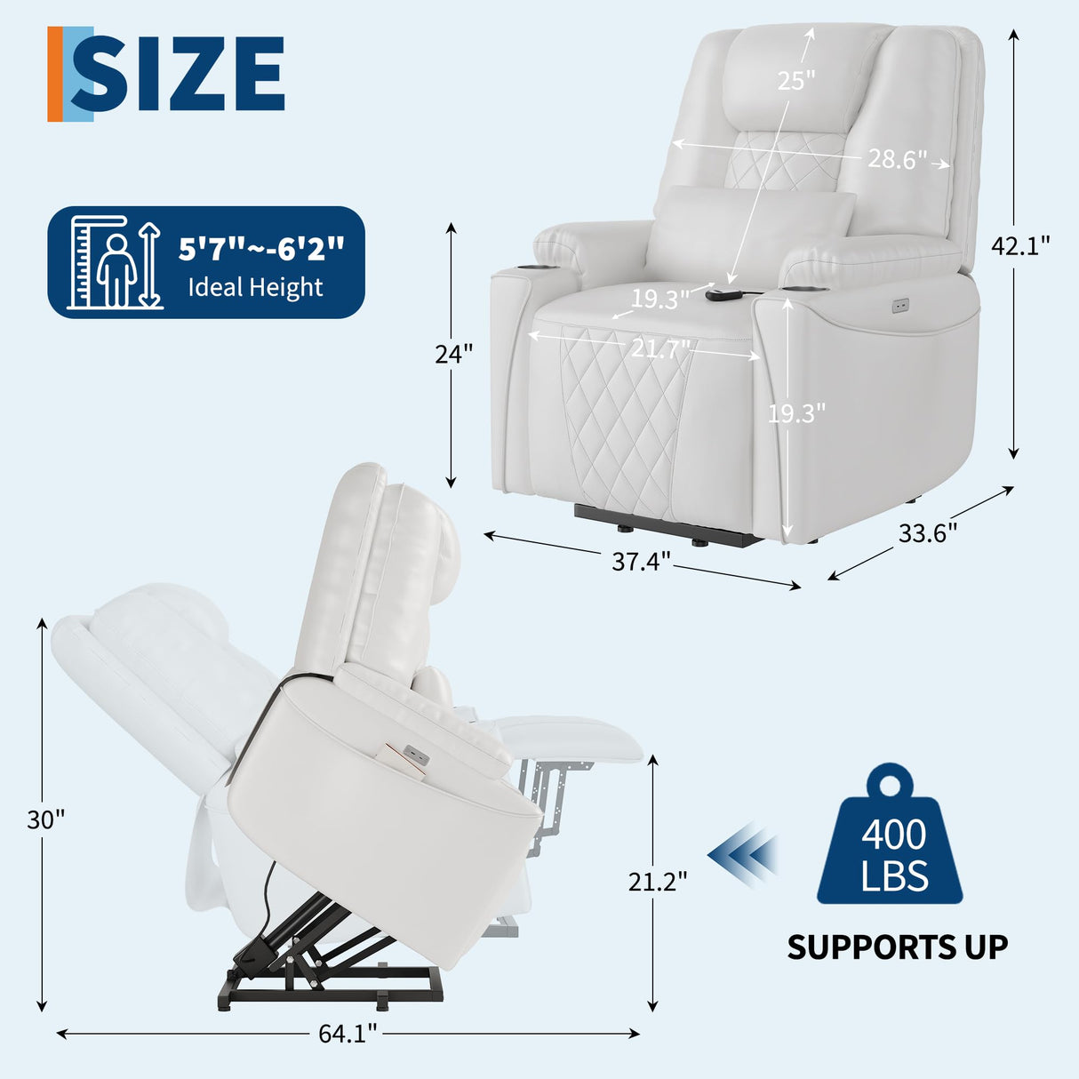 Garvee Electric Power Lift Recliner Chair Sofa, Power Lift Chair for Elderly, 3 Adjustable Positions, Side Storage Pockets and Cup Holders, USB Ports, Recliner Chair with Remote for Living Room, White Garvee