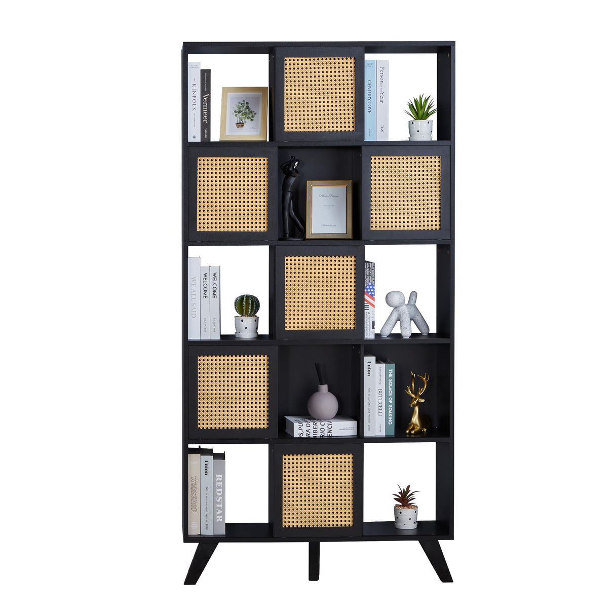 AVZEAR Kitchen Pantry Cabinet, 71” Farmhouse Solid Wood Storage Cabinet with Rattan Doors, Freestanding Storage Shelving Unit, Buffet Cupboards Cabinet for Kitchen Living Room (Black) AVZEAR