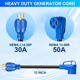 4 Prong 30 Amp to 50 Amp Generator Adapter Cord, NEMA L14-30P to 14-50R, Heavy Duty 10 AWG STW Copper Cable, ETL Certified, Ideal for Tesla EV Charging, RV, Trailer & House Power, 12 Inch KTOEBYCO