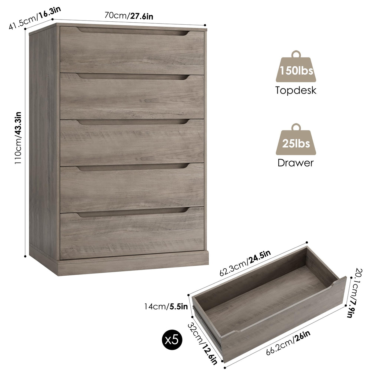 HOSTACK 43.3" Tall Modern 5 Drawer Dresser for Bedroom, Large Chest of Drawers with Storage, Wood Clothes Storage Organizer with Cut-Out Handle, Accent Storage Cabinet for Living Room, Ash Gray HOSTACK