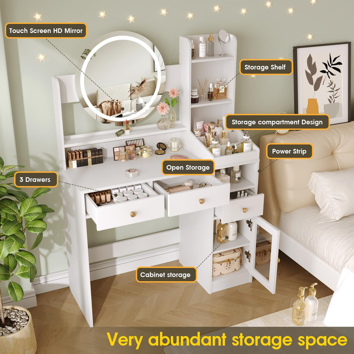 Vabches Vanity with Round Mirror and Lights,39 Inch Makeup Vanity Table with 3 Storage Compartments&Drawers,White Vanity with Glass Door Cabinet&Power Strip,Dressing Table for Bedroom Vabches