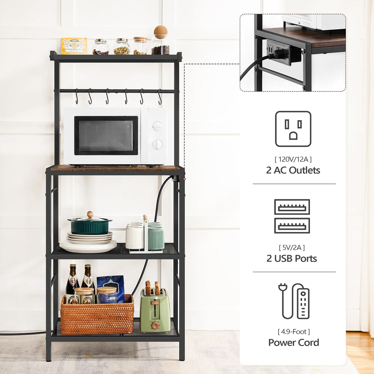 MAHANCRIS Bakers Rack with Charging Station, Microwave Stand with 6 S-Shaped Hooks, 4-Tier Storage Rack, Practical Coffee Bar, for Kitchen, Dining Room, Rustic Brown BRHR35E01 MAHANCRIS