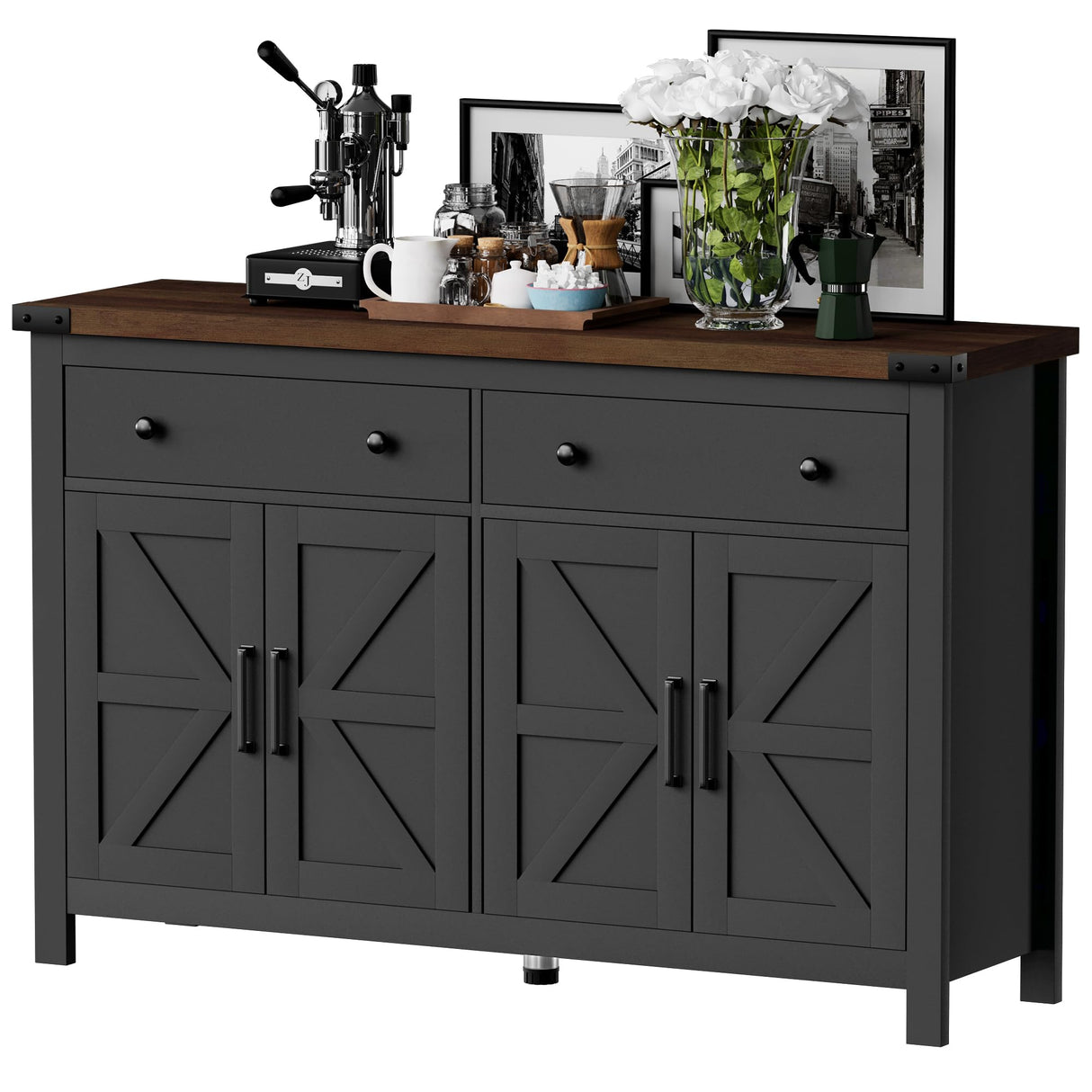 VVFLU 55" Sideboard Buffet Cabinet with Storage, Coffee Bar Cabinet with 2 Drawers and 4 Barn Doors, Long Storage Cabinet Modern Farmhouse, Black Wood, for Kitchen, Dining Room, Living Room VVFLU