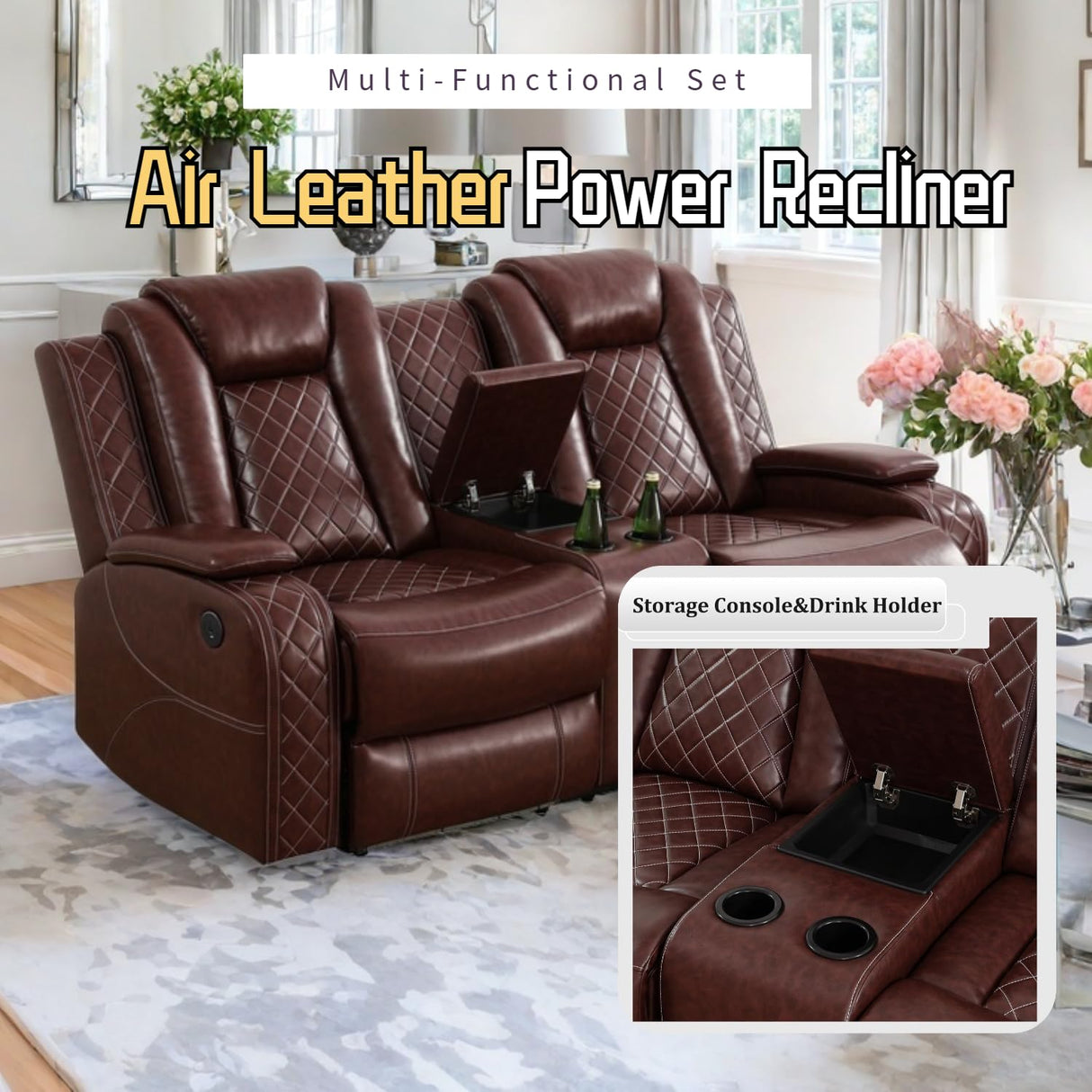 AYCP Furniture Power Recliner Set with LED Lights, Air Leather Reclining Set with USB Port/Wireless Charger/Storage Console/Cup Holder for House/HomeTheater/Apt (Burgundy, Sofa Loveseat Chair) AYCP Furniture