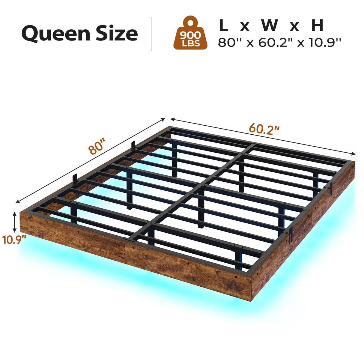 BTHFST Queen Size Floating Bed Frame with LED Lights - Industrial Style Wooden & Metal Platform Bed, Noise-Free & Easy Assembly BTHFST