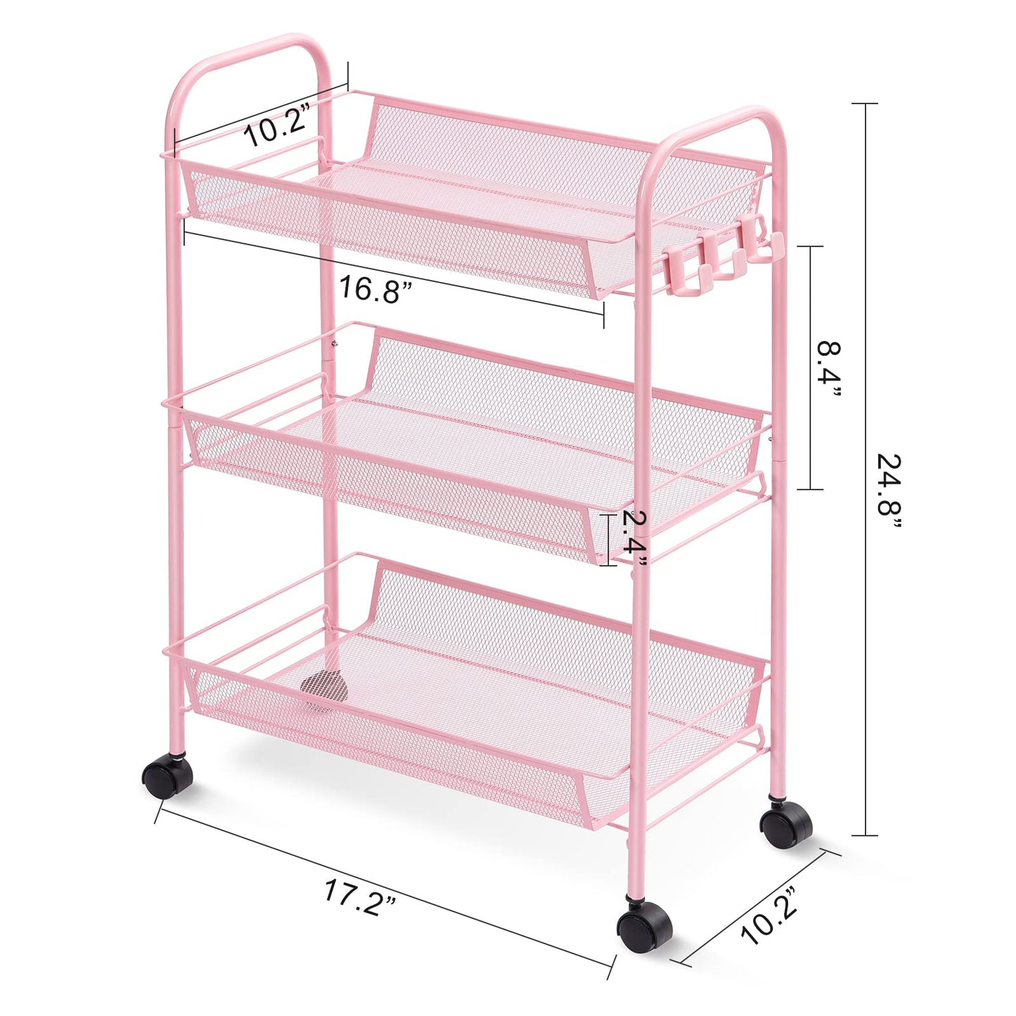 TOOLF 3-Tier Metal Rolling Cart, Mesh Wire Easy Assemble Utility Cart, Storage Trolley on Wheels with 3 Hooks, MetalStorage Shelving Units for Kitchen Bathroom Laundry Room - WoodArtSupply