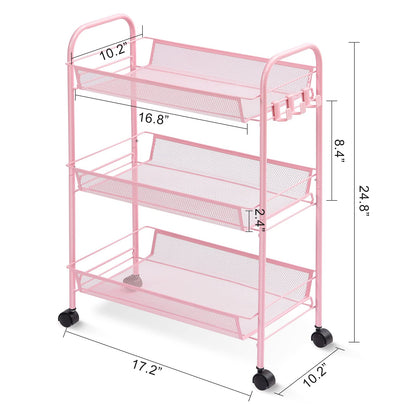 TOOLF 3-Tier Metal Rolling Cart, Mesh Wire Easy Assemble Utility Cart, Storage Trolley on Wheels with 3 Hooks, MetalStorage Shelving Units for Kitchen Bathroom Laundry Room - WoodArtSupply