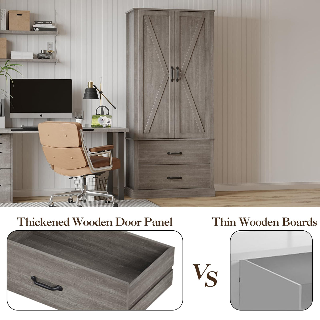 FinerFurnis Kitchen Pantry Storage Cabinet, 65" Tall Food Pantry Cabinet with 3 Storage Shelves and 2 Large Drawers, Farmhouse Kitchen Cupboard for Living Room, Dining Room, Grey FinerFurnis