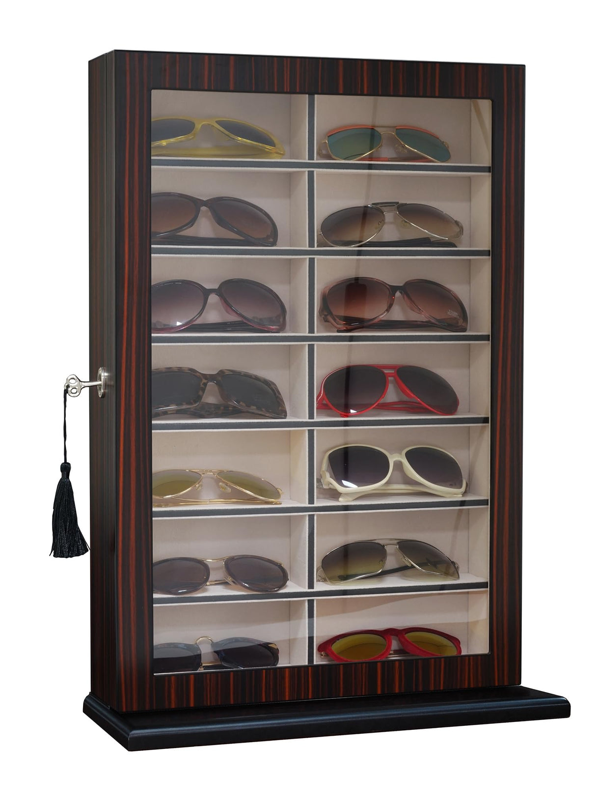 TIMELYBUYS 14 Piece Large Ebony Wood Eyeglass Sunglass Display Wall Hanging Case and Storage Organizer Box and Stand TIMELYBUYS