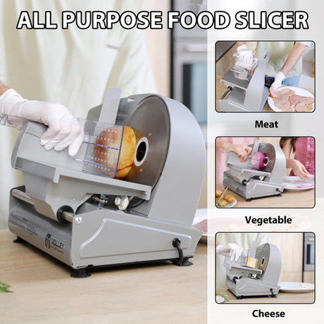Valley Sportsman 7.5" Electric Meat Slicer Machine for Home, with Stainless Steel Blade, 180 W, Adjustable Thickness, Easy to Clean, Food Slicer, Cuts Meat, Bread, Cheese and Deli, Sliver Valley Sportsman