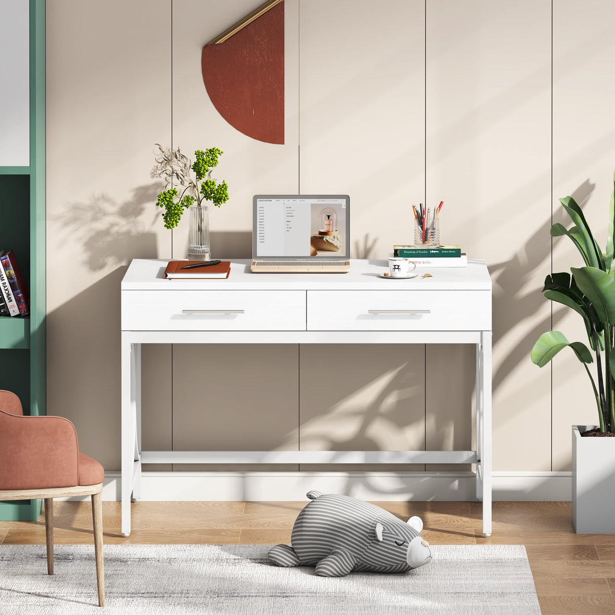 Tribesigns Modern Computer Desk with 2 Drawers, 41 Inches Study Writing Office Desk for Home Office, Bedroom, Makeup Vanity Table Desk with Metal Frame, White Tribesigns