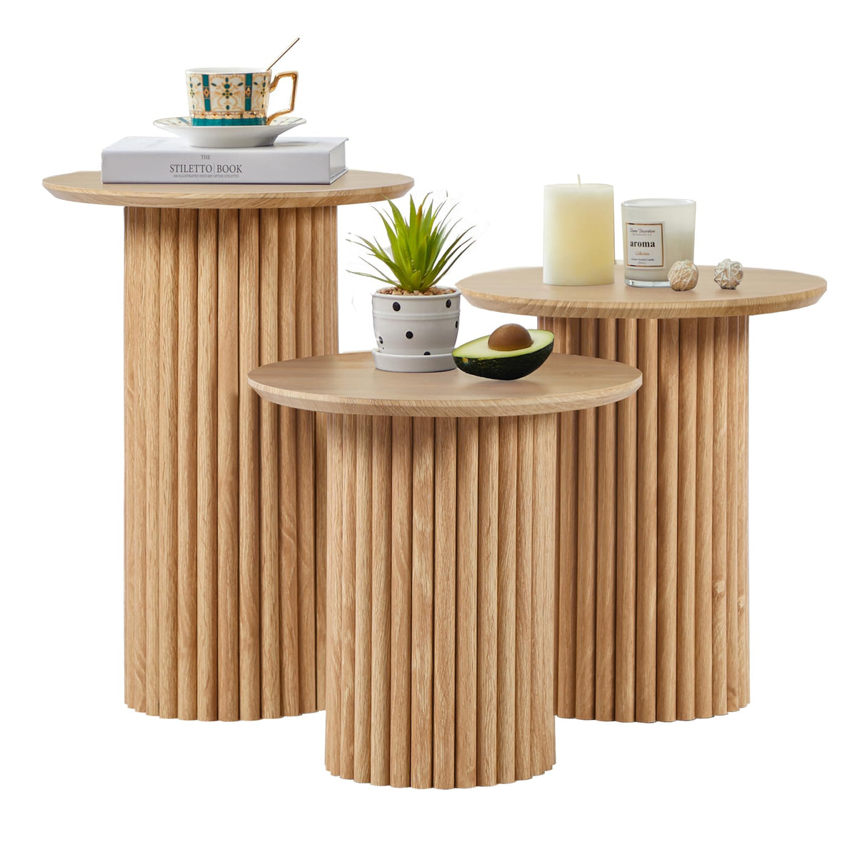 Bifins Round Nesting Coffee Table Set of 3,Mid Century Modern Fluted Coffee and End Table Set,Small Circle Wooden Side Table Drink Table for Living Room (Natural) Bifins