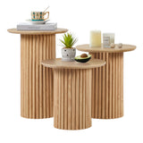 Bifins Round Nesting Coffee Table Set of 3,Mid Century Modern Fluted Coffee and End Table Set,Small Circle Wooden Side Table Drink Table for Living Room (Natural) Bifins