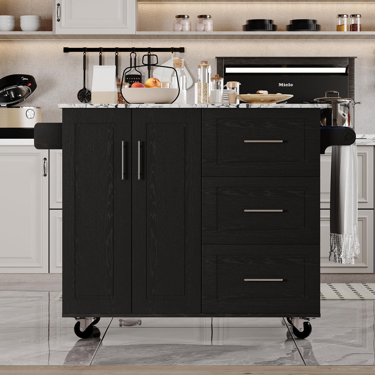 4 EVER WINNER Rolling Kitchen Island with Towel Rack & Spice Rack, Kitchen Island with Drop Leaf, Marble Tabletop Islands Table for Kitchen, Black 4 EVER WINNER