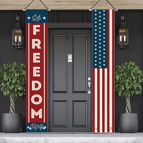 4th of July Decorations Outdoor Patriotic Memorial Day Decor, Independence Veterans Labor Day Hanging American Flag and Banner, Stars and Stripes Porch Sign Party Supplies - Red White Blue 2025 LeChamp