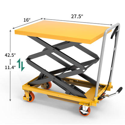 YITAHOME Hydraulic Lift Table Cart 550 LBS, Adjustable 11.4" to 42.5" in Height Double Scissor Lift Table with Locking Wheels for Material Handling and Transportation