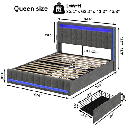 Dnxao Dark Gray Upholstered Queen Bed Frame with Storage Drawers, RGB LED Lights, and Adjustable Headboard - WoodArtSupply