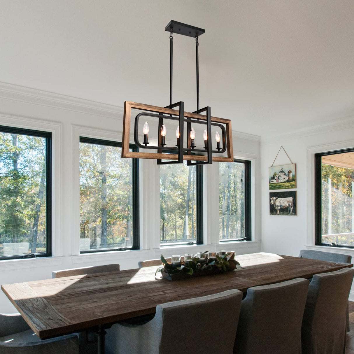 Lingkai Farmhouse Chandelier Rustic Kitchen Island Light Fixture, Industrial Pendant Lighting Fixtures Wood and Metal for Dining Room Pool Table Lingkai