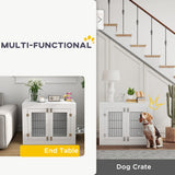 PawHut Dog Crate Furniture w/ 360° Rotatable Removable Dog Bowls, Dog Kennel Furniture w/Two Doors, Non-Slip Foot Pads, Furniture Dog Crate End Side Table for Medium Dogs, 31.5" x 24" x 25", White PawHut
