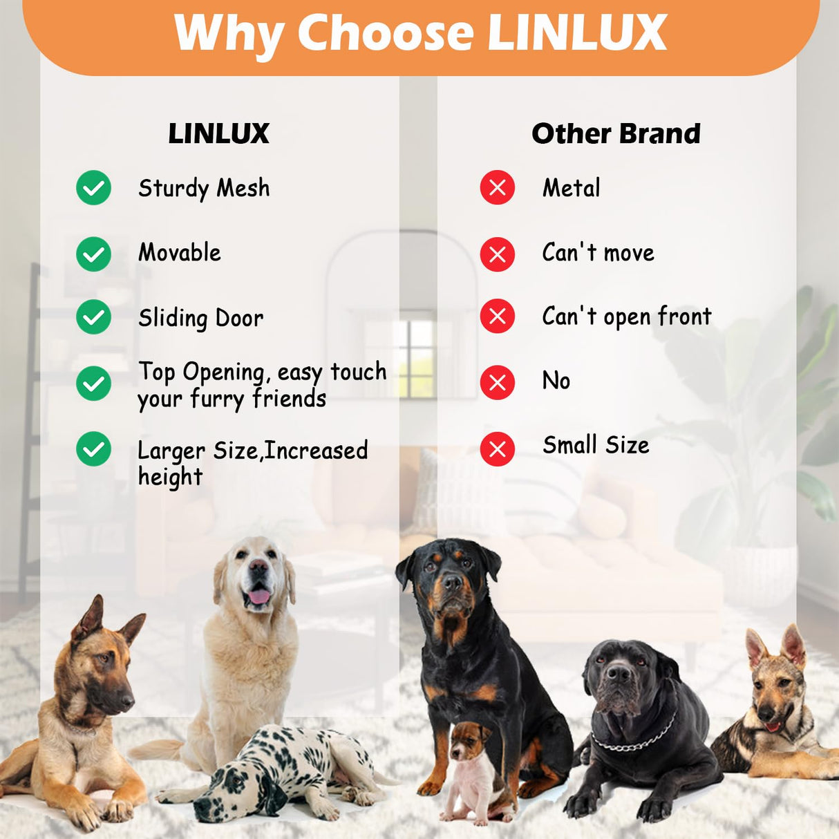 LINLUX 47 Inch XL Dog Crate Furniture, Wooden Heavy Duty Dog Kennel Indoor, Decorative Dog Cage Table for Extra Large Dogs, with Sliding Doors, Wheels and Flip-top Plate LINLUX