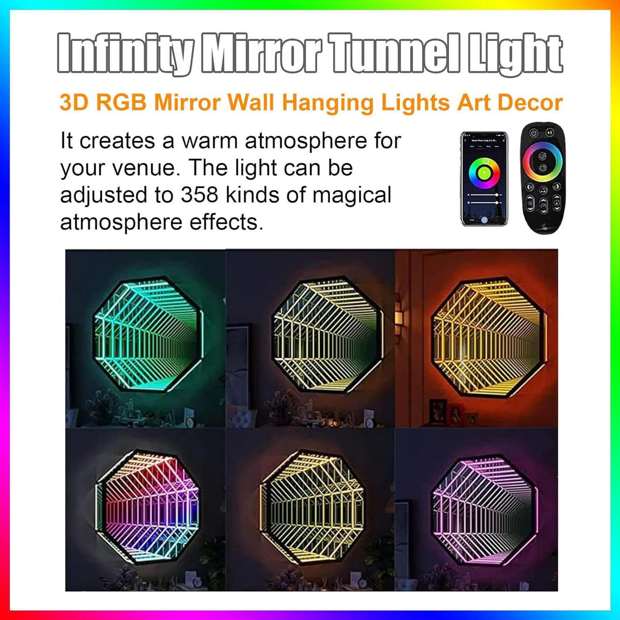 Infinity Hexagon Mirror, Remote Control LED Tunnel Lamp, Multicolor Tunnel Lamp Infinity Light Wall Hanging Lights, Infinity Mirror Art Light Night Light with Multi Color Changing Light,30cm/11.81in WoodArtSupply