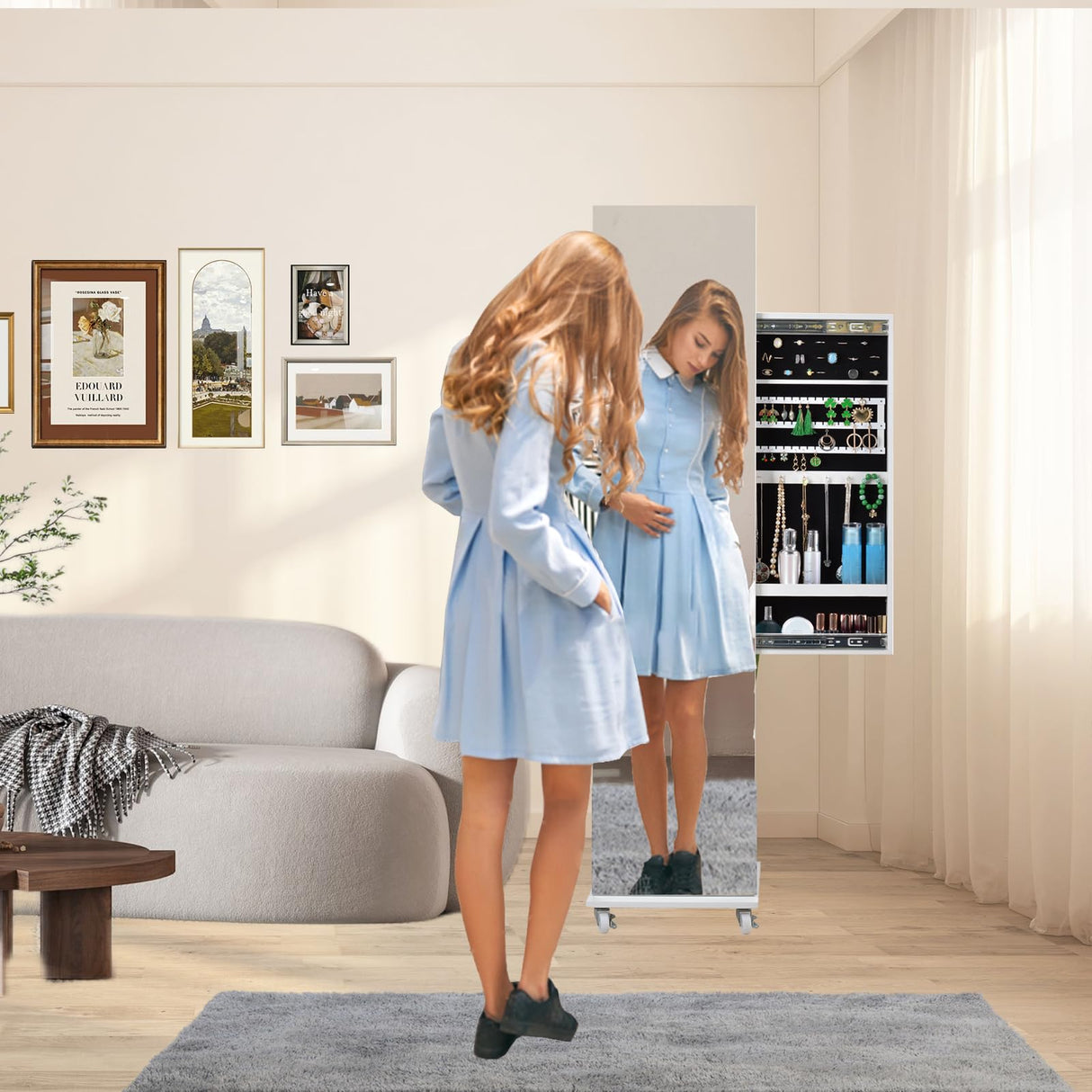 BOSTANA Jewelry Organizer, Push-Pull Jewelry Armoire Mirror with Storage Shelves Coat Rack, 360° Swivel Mirror Jewelry Cabinet Standing with Full Length Mirror, Gift Idea, White BOSTANA